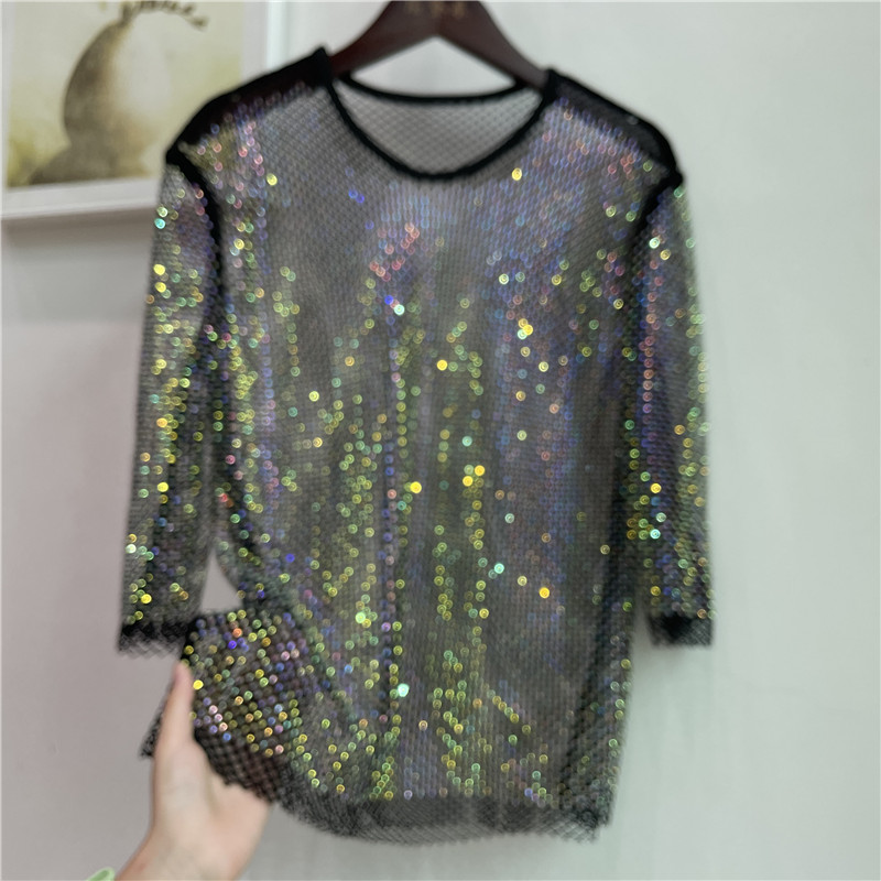 Crystal Mesh Fabric - ColorShiny ダイヤモンド電気音節ベーシックシャツレディース気質スリムクリスタルラウンドネック半袖セクシーなパーティークラブトップ