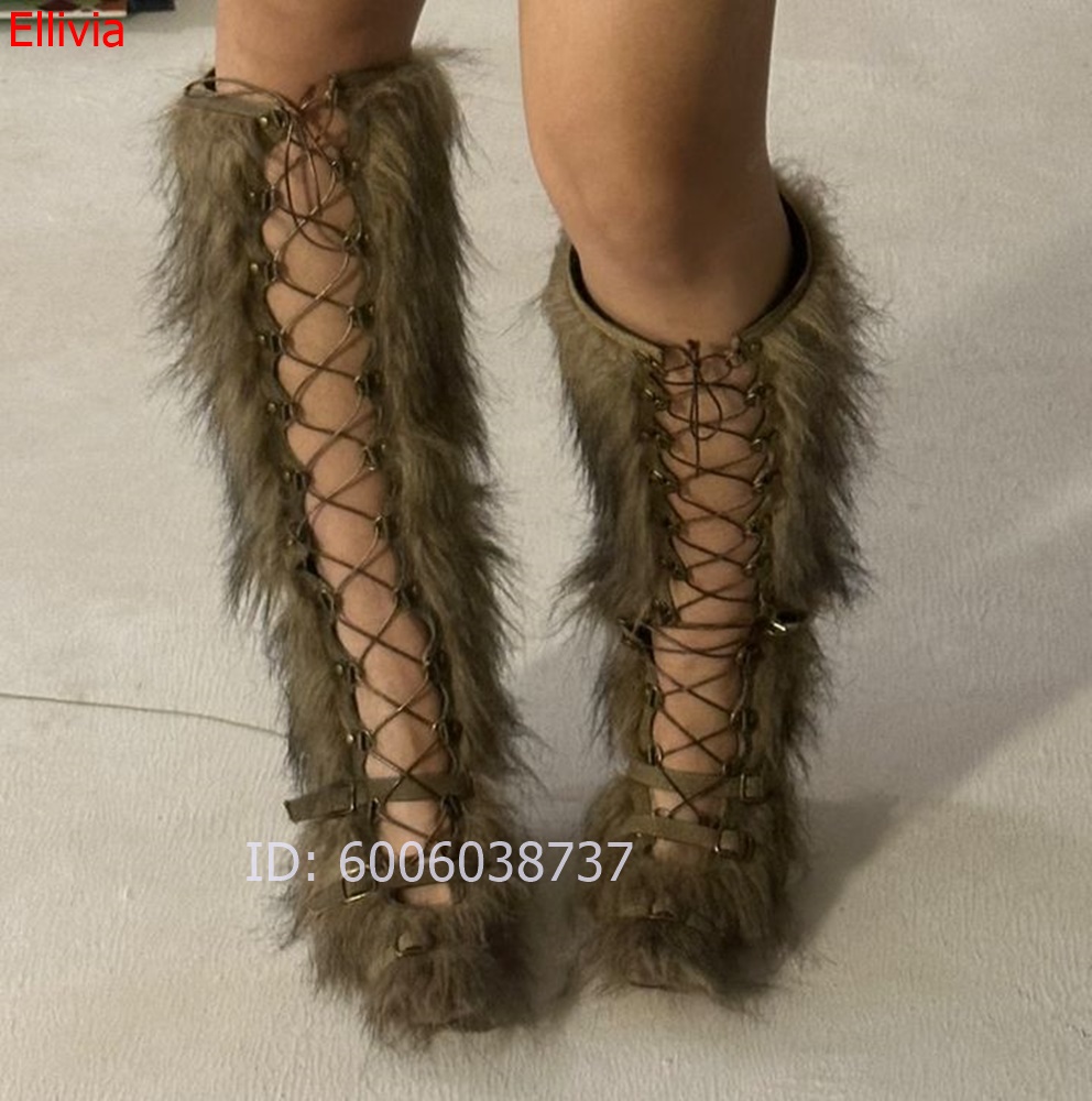 女性用、ファー素材のニーハイブーツ。つま先が開いたデザインで - Elastic Lace Trim のレビューと価格