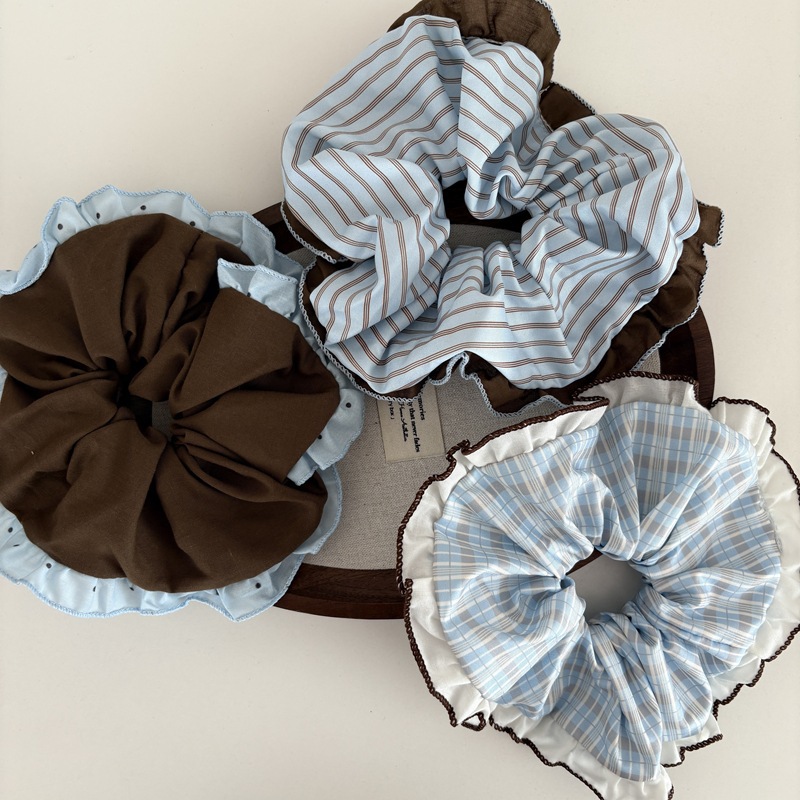 超美しいブラウンとブルーのカラーブロックデザインのシュシュ、 - Elastic Lace Trim のレビューと価格