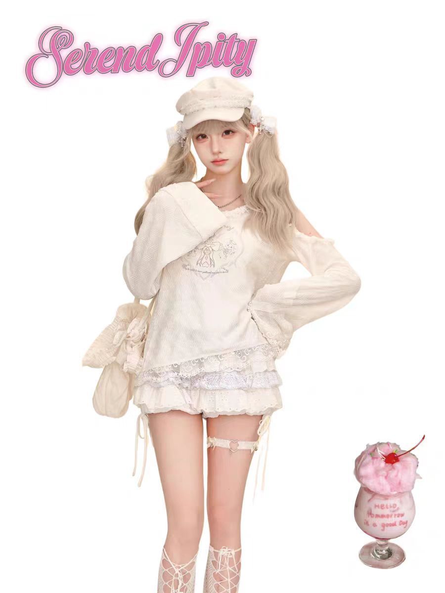 キュートでかわいいY2K風の2点セット。女性用、ロリータ風、 - Elastic Lace Trim のレビューと価格
